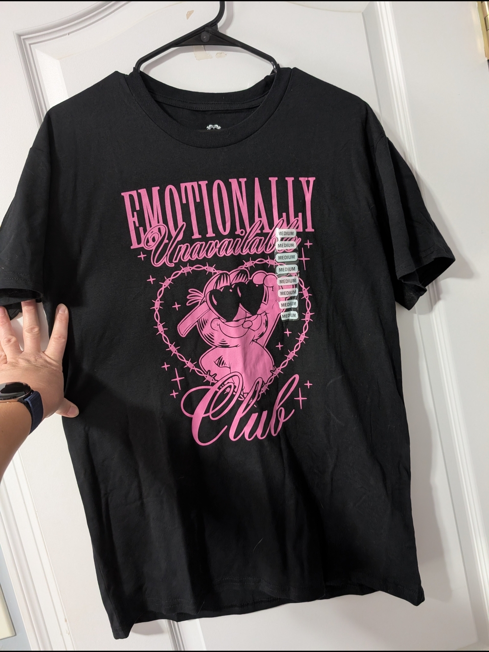 Garfield Black Tee with Pink "Emotionally Unavailable Club" Graphic. M